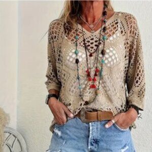 NWOT Solid Color Beige Hollow Out Sweater, Versatile V-neck Long Sleeve top